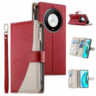 For Honor X50 / Honor X9b Stitching Multi-card Zipper Wallet Leather Phone Case with Short Strap(Red)