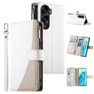 For Honor X50i / Honor 90 Lite Stitching Multi-card Zipper Wallet Leather Phone Case with Short Strap(White)