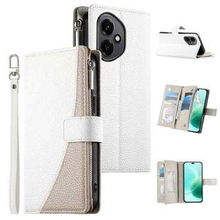 For Honor 400 Pro Global 160.8mm Stitching Multi-card Zipper Wallet Leather Phone Case with Short Strap(White)