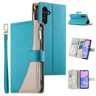 For Samsung Galaxy A15 4G / 5G Stitching Multi-card Zipper Wallet Leather Phone Case with Short Strap(Blue)