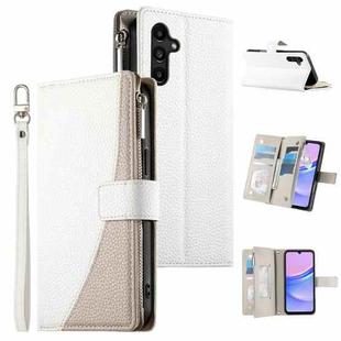 For Samsung Galaxy A15 4G / 5G Stitching Multi-card Zipper Wallet Leather Phone Case with Short Strap(White)