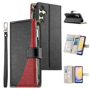 For Samsung Galaxy A25 5G Stitching Multi-card Zipper Wallet Leather Phone Case with Short Strap(Black)