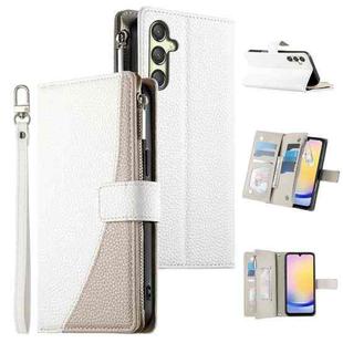 For Samsung Galaxy A25 5G Stitching Multi-card Zipper Wallet Leather Phone Case with Short Strap(White)