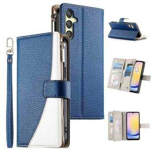 For Samsung Galaxy A25 5G Stitching Multi-card Zipper Wallet Leather Phone Case with Short Strap(Dark Blue)
