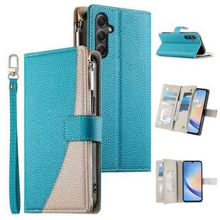 For Samsung Galaxy A34 5G Stitching Multi-card Zipper Wallet Leather Phone Case with Short Strap(Blue)