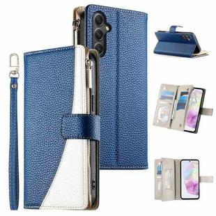 For Samsung Galaxy A35 5G Stitching Multi-card Zipper Wallet Leather Phone Case with Short Strap(Dark Blue)
