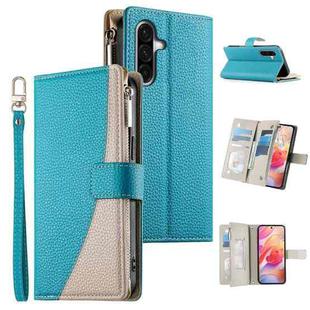 For Samsung Galaxy A36 5G Stitching Multi-card Zipper Wallet Leather Phone Case with Short Strap(Blue)