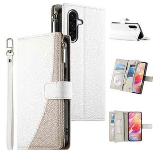 For Samsung Galaxy A36 5G Stitching Multi-card Zipper Wallet Leather Phone Case with Short Strap(White)