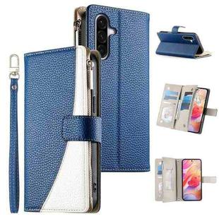 For Samsung Galaxy A36 5G Stitching Multi-card Zipper Wallet Leather Phone Case with Short Strap(Dark Blue)