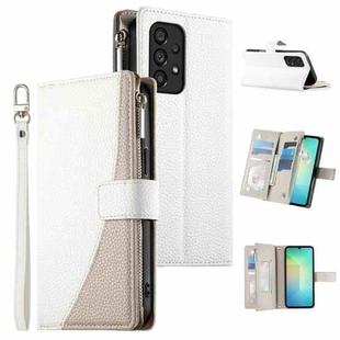 For Samsung Galaxy A53 5G Stitching Multi-card Zipper Wallet Leather Phone Case with Short Strap(White)