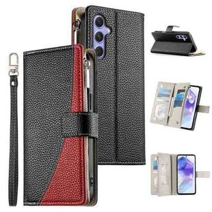 For Samsung Galaxy A55 5G Stitching Multi-card Zipper Wallet Leather Phone Case with Short Strap(Black)