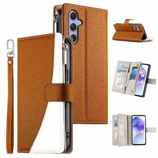 For Samsung Galaxy A55 5G Stitching Multi-card Zipper Wallet Leather Phone Case with Short Strap(Brown)