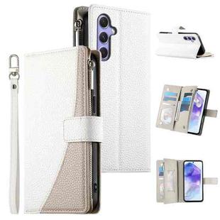 For Samsung Galaxy A55 5G Stitching Multi-card Zipper Wallet Leather Phone Case with Short Strap(White)