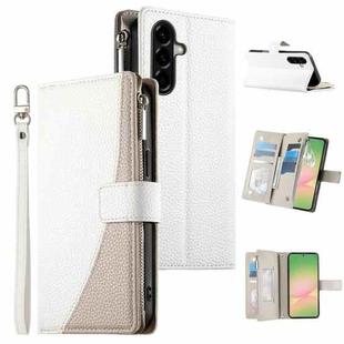 For Samsung Galaxy A56 5G Stitching Multi-card Zipper Wallet Leather Phone Case with Short Strap(White)