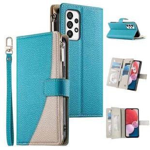 For Samsung Galaxy A73 5G Stitching Multi-card Zipper Wallet Leather Phone Case with Short Strap(Blue)