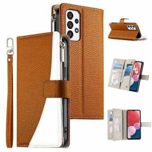 For Samsung Galaxy A73 5G Stitching Multi-card Zipper Wallet Leather Phone Case with Short Strap(Brown)