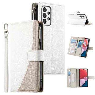 For Samsung Galaxy A73 5G Stitching Multi-card Zipper Wallet Leather Phone Case with Short Strap(White)