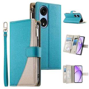 For OPPO A1 Pro / Reno8 T 5G Stitching Multi-card Zipper Wallet Leather Phone Case with Short Strap(Blue)