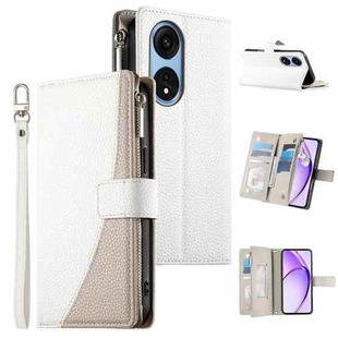 For OPPO A1 Pro / Reno8 T 5G Stitching Multi-card Zipper Wallet Leather Phone Case with Short Strap(White)