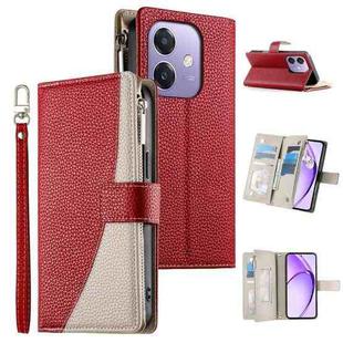 For OPPO A5x 5G / A3 4G / 5G / A3x 4G / 5G Stitching Multi-card Zipper Wallet Leather Phone Case with Short Strap(Red)