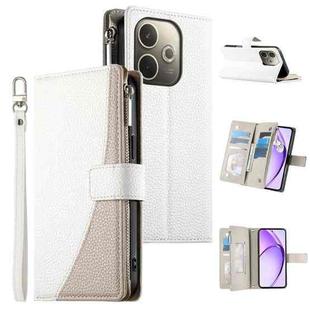 For OPPO A5 Pro 5G Global Stitching Multi-card Zipper Wallet Leather Phone Case with Short Strap(White)