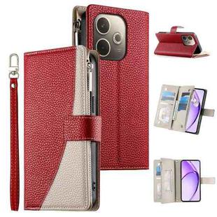 For OPPO A5 Pro 5G Global Stitching Multi-card Zipper Wallet Leather Phone Case with Short Strap(Red)