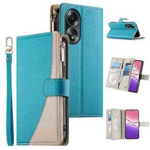 For OPPO A58 4G Global Stitching Multi-card Zipper Wallet Leather Phone Case with Short Strap(Blue)