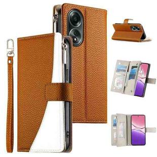 For OPPO A58 4G Global Stitching Multi-card Zipper Wallet Leather Phone Case with Short Strap(Brown)