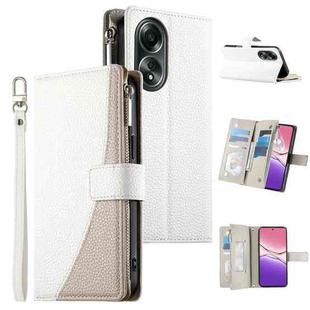 For OPPO A58 4G Global Stitching Multi-card Zipper Wallet Leather Phone Case with Short Strap(White)
