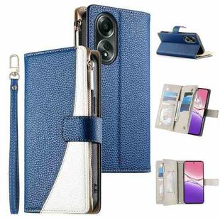 For OPPO A58 4G Global Stitching Multi-card Zipper Wallet Leather Phone Case with Short Strap(Dark Blue)