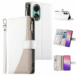 For OPPO A78 4G Global Stitching Multi-card Zipper Wallet Leather Phone Case with Short Strap(White)