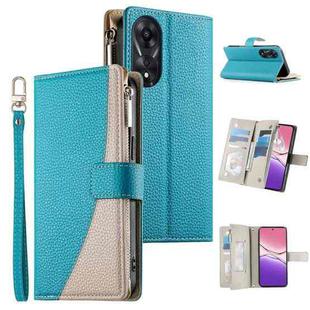 For OPPO A78 5G Global / A58x / A1x Stitching Multi-card Zipper Wallet Leather Phone Case with Short Strap(Blue)