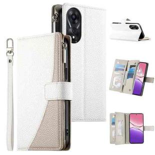 For OPPO A78 5G Global / A58x / A1x Stitching Multi-card Zipper Wallet Leather Phone Case with Short Strap(White)