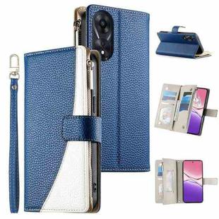 For OPPO A78 5G Global / A58x / A1x Stitching Multi-card Zipper Wallet Leather Phone Case with Short Strap(Dark Blue)