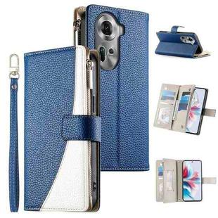 For OPPO Reno11 Global Stitching Multi-card Zipper Wallet Leather Phone Case with Short Strap(Dark Blue)