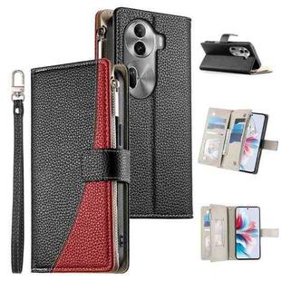 For OPPO Reno11 Pro Global Stitching Multi-card Zipper Wallet Leather Phone Case with Short Strap(Black)