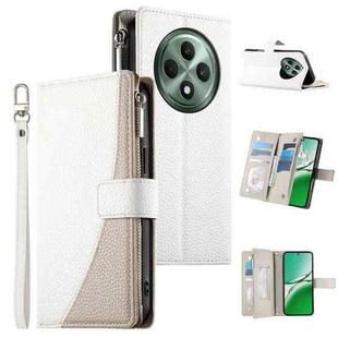 For OPPO Reno12 F 4G / 5G / F27 Stitching Multi-card Zipper Wallet Leather Phone Case with Short Strap(White)
