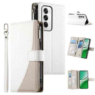 For OPPO Reno12 Global Stitching Multi-card Zipper Wallet Leather Phone Case with Short Strap(White)