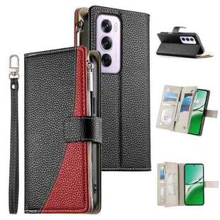 For OPPO Reno12 Pro Global Stitching Multi-card Zipper Wallet Leather Phone Case with Short Strap(Black)