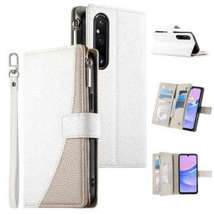 For Sony Xperia 1 V Stitching Multi-card Zipper Wallet Leather Phone Case with Short Strap(White)