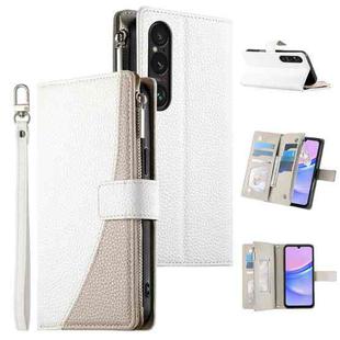 For Sony Xperia 1 VI Stitching Multi-card Zipper Wallet Leather Phone Case with Short Strap(White)