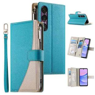 For Sony Xperia 1 VII Stitching Multi-card Zipper Wallet Leather Phone Case with Short Strap(Blue)