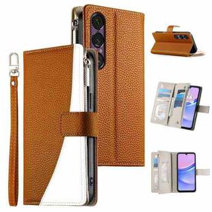 For Sony Xperia 1 VII Stitching Multi-card Zipper Wallet Leather Phone Case with Short Strap(Brown)