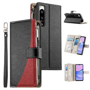 For Sony Xperia 5 IV Stitching Multi-card Zipper Wallet Leather Phone Case with Short Strap(Black)