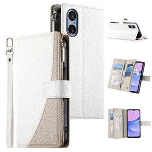 For Sony Xperia 5 V Stitching Multi-card Zipper Wallet Leather Phone Case with Short Strap(White)