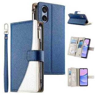 For Sony Xperia 5 V Stitching Multi-card Zipper Wallet Leather Phone Case with Short Strap(Dark Blue)