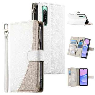 For Sony Xperia 10 IV Stitching Multi-card Zipper Wallet Leather Phone Case with Short Strap(White)