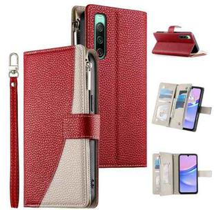 For Sony Xperia 10 IV Stitching Multi-card Zipper Wallet Leather Phone Case with Short Strap(Red)