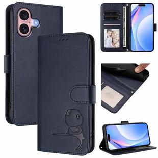 For iPhone 16 Litter Panda Embossing RFID Leather Phone Case with Lanyard(Blue)