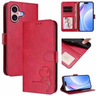 For iPhone 16 Litter Panda Embossing RFID Leather Phone Case with Lanyard(Rose Red)